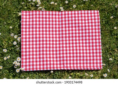 Red picnic cloth. Red checked picnic blanket on a meadow with daisies in bloom. Beautiful backdrop for your product placement or montage.