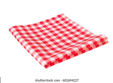 Red picnic cloth folded isolated on white. Food advertisement concept backdrop.