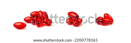 Red pill capsules isolated, analgesic pile, painkiller drugs, sedative pills group, medicine gel capsules on white background