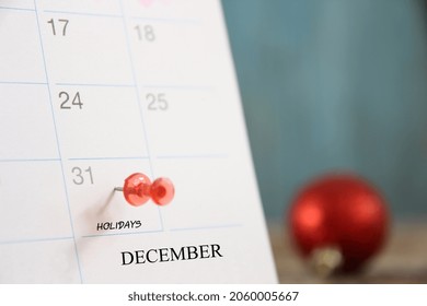 Red pin on the 31st of end day of the year 2021 on diary calendar.concept happy new year and eve day