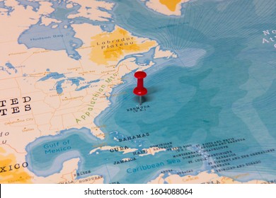 A Red Pin on Bermuda of the World Map - Shutterstock ID 1604088064