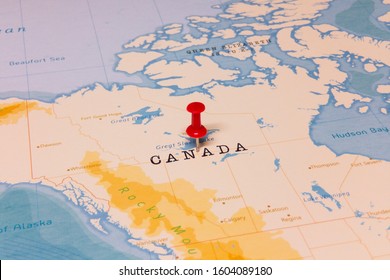 A Red Pin on Canada of the World Map
