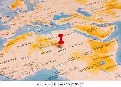 A Red Pin on Chad of the World Map