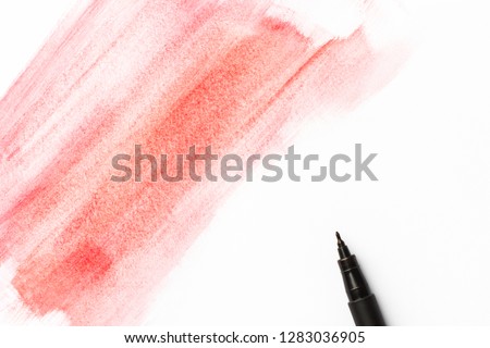 Red pink crimson watercolor paintbrush long strokes on white paper background. Black pigment fineliner pen. Greeting card poster banner placeholder template with copy space for text lettering