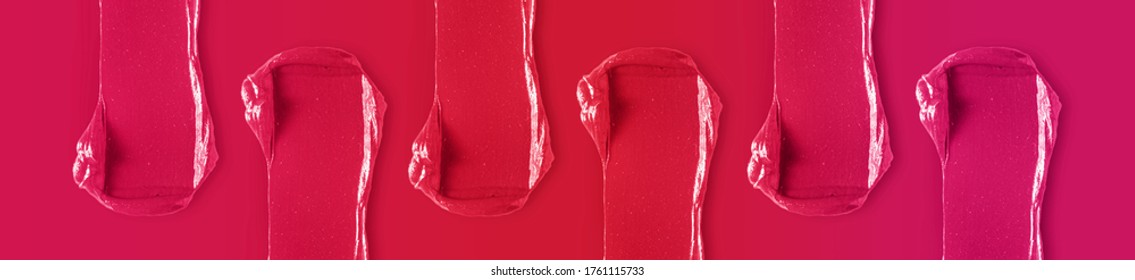 Red pink lipstick smudges on gradient color background. Colorful make up banner