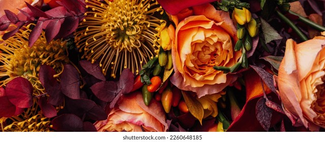 Red pink magenta orange Autumn Colorful fall bouquet. Beautiful flower composition with autumn orange and red flowers. Flower shop and florist design concept. close up, floral background - Shutterstock ID 2260648185