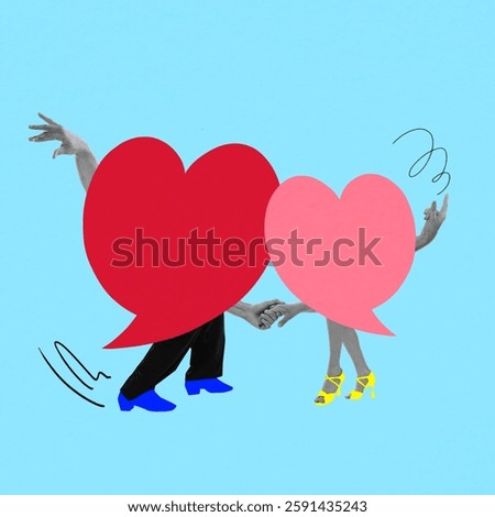 Red and pink speech bubbles shaped as hearts forming dancing couple. Romantic dialogue, emotional connection, and love expressed through words. Concept of communication, relationships. Abstract art