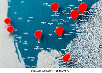 Red Pins In Map Of North America, USA