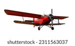 Red plane used for agricultural or sanitation purpose against clear white background