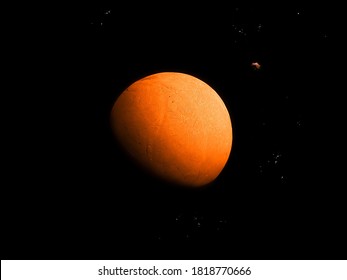 Red Planet With A Solid Surface And A Small Satellite In Space With Stars.