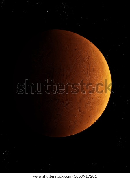 Red\
planet with a solid surface in space with\
stars.