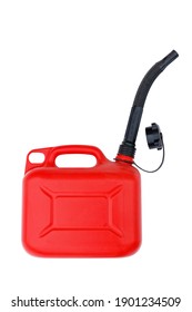 Red plastic canister with black spout for gasoline or other fuel. Isolated on white.