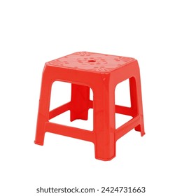 Red plastic chair isolated on white background, selective focus. Clipping path included.