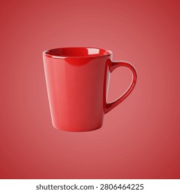 A red plastic cup with a white interior lining and a handle, isolated on a matching red background. The cup has a smooth, glossy finish typical of disposable plasticware, with a visible seam where the white interior meets the red exterior. The handle is integrated into the cup's