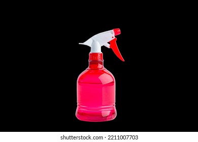 Red Plastic Foggy Water Spray Bottle Isolated On Black Background