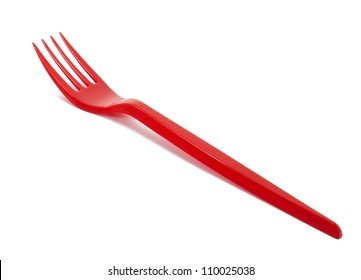 Red Plastic Fork On White Background