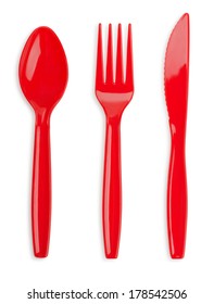 Red Plastic Knife, Fork And Spoon Isolated On White