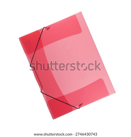 Red plastic office and school folder holding papers and documents. PVC briefcase style portfolio with adjustable elastic band, tab and flap closure. Stationery organizer for files, paperwork and archive management, isolated on white background with copy space.