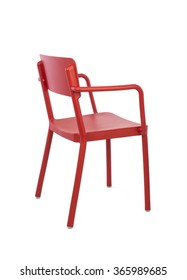 Red Plastic Outdoor Cafe Chair On White Background, Three Quarter Rear View