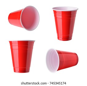 Red plastic party cups set, isolated on white background