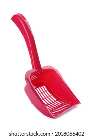 Red plastic scoop for cat litter isolated on white