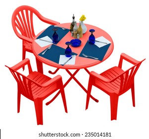 Red Plastic Table With Chairs Isolated On White. Clipping Path Included.