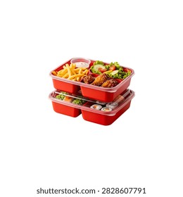 Red plastic takeaway container with mixed vegetables on white background, red plastic container