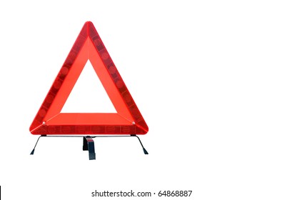 Red plastic warning triangle isolated against a white background