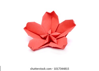 Red Plum Blossom For Chinese New Year (Origami Red Plum Flower) Isolated On White Background.