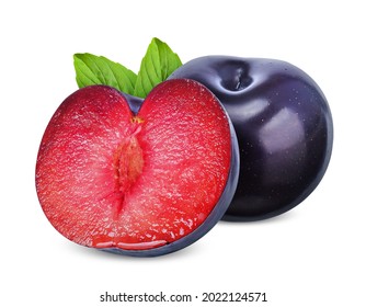  Red Plum and half with leaf isolated on white background. plum clippig path