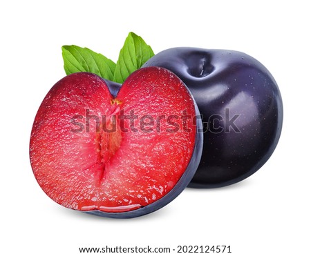  Red Plum and half with leaf isolated on white background. plum clippig path