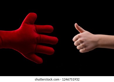 Red Plush Toy Hand, Young Boy Hand Showing Thumbs Up Gesture, Child And His Imaginary Friend, Partnership