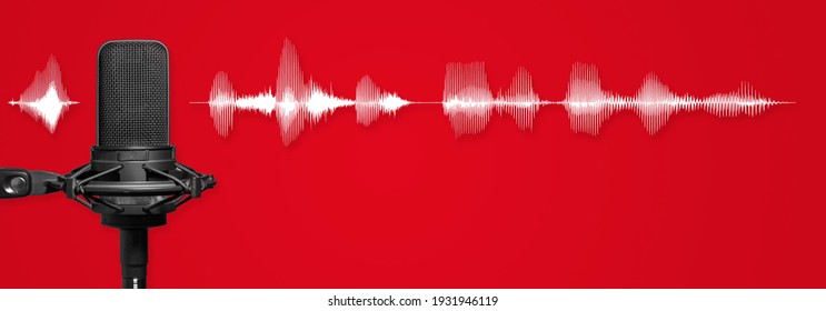 Red Podcast Or Broadcast Banner Background With Copy Space, Recording Studio Microphone With White Audio Waveform On Red Background