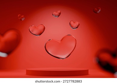Red podium background with floating 3D glass hearts. Elegant crystal hearts on a vibrant red backdrop with an empty stage for product placement. Romantic concept for Valentine's Day or cosmetics.