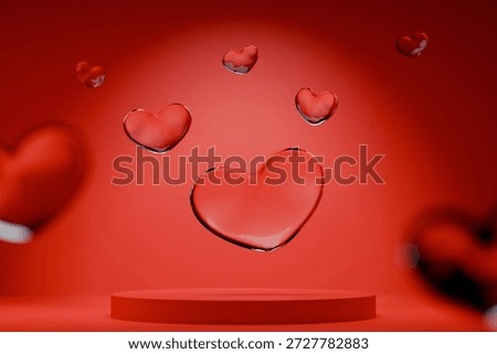 Red podium background with floating 3D glass hearts. Elegant crystal hearts on a vibrant red backdrop with an empty stage for product placement. Romantic concept for Valentine's Day or cosmetics.