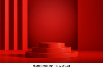 
Red Podium Platform For Product Presentation. 3d Rendering Luxury Pedestal Stand Show. Empty Tabletop Stage Studio Scene Background With Spotlight.