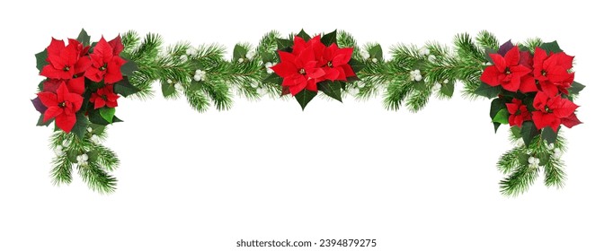 Red poinsettia flowers and green Christmas pine twigs with snowberries in a festive garland isolated on white background - Powered by Shutterstock