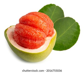 Red Pomelo or Grapefruit called Tabtim Siam in Thai, a sweet taste fruit with bright color planted in Asia, peeled beautifully with a pomelo skin and green leaves on white background. Clipping path