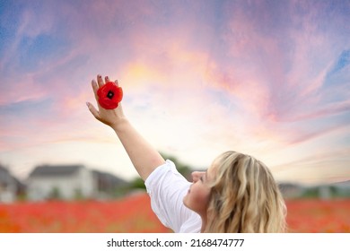 Red poppy flower on a woman's hand against the sunset sky. Amazing summer background. Nature concept