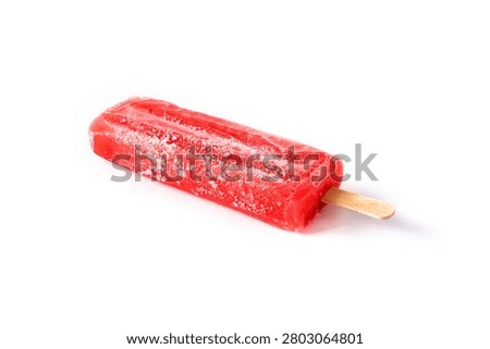 A red popsicle on a white background with a wooden stick