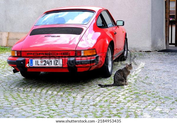 red Porsche car parked near house in historic
district old european city, young cat whiskas color sits on square,
concept survival of maintenance four-legged pets, Hall in Tirol,
Austria - June 2022