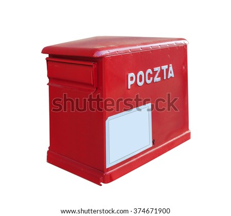 Red post box with Polish word post office isolated on white (POCZTA)