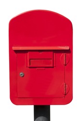 Red Postbox On White Wall Background.