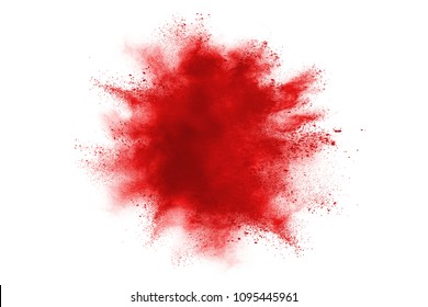 Red Powder Explosion On White Background. Colored Cloud. Colorful Dust Explode. Paint Holi.