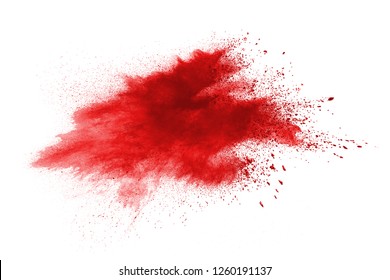 Red Powder Explosion On White Background. Colored Cloud. Colorful Dust Explode. Paint Holi.