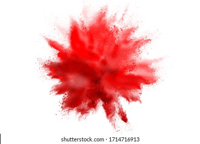 Red Powder Explosion On White Background. Colored Cloud. Colorful Dust Explode. Paint Holi.