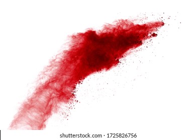 Red Powder Explosion On White Background. Colored Cloud. Colorful Dust Explode. Paint Holi.