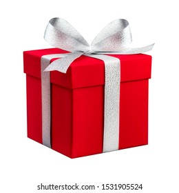 Red Present Box With Silver Ribbon Isolated In Front Of White Background