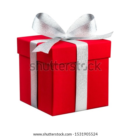 Red present box with silver ribbon isolated in front of white background