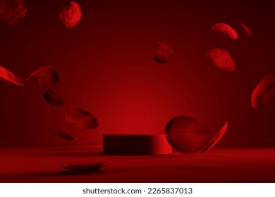 Red product podium placement on solid background with rose petals falling. Luxury premium beauty, fashion, cosmetic and spa gift stand presentation. Valentine day present showcase.